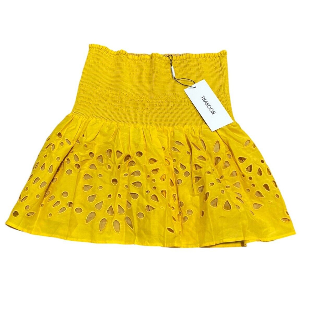 Thakoon Womens Eyelet Yellow Smocked Waist Mini Skirt Pull On Lined Size 6 $295